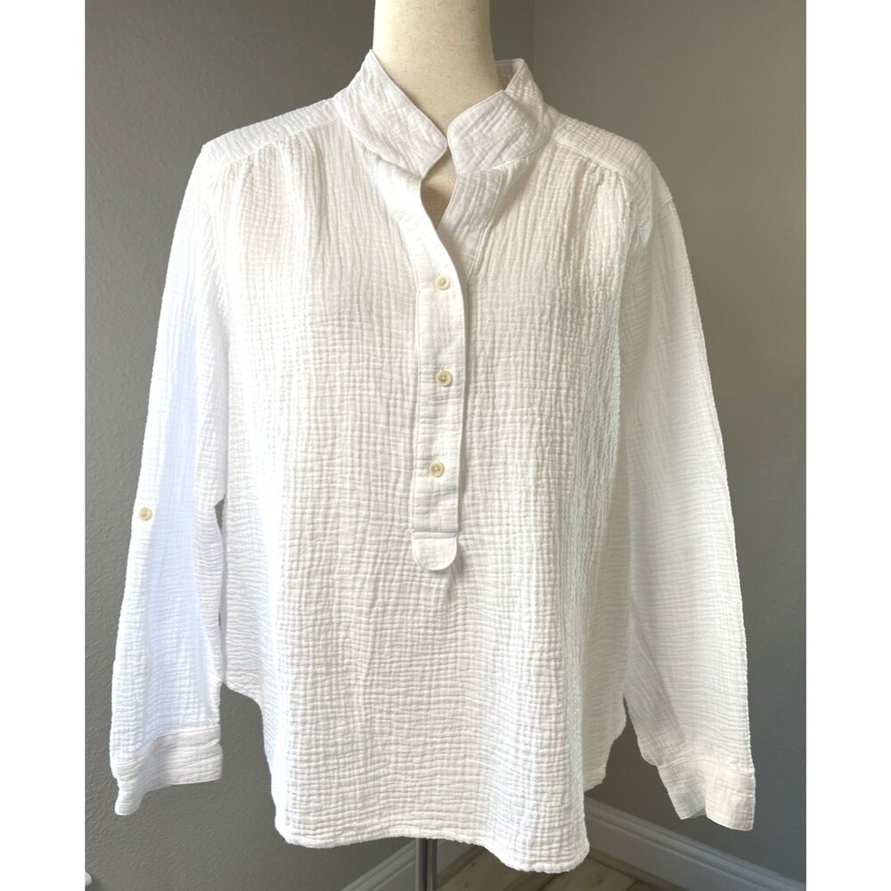 J Jill NEW womens white tab sleeve gauze pullover blouse XL 100% cotton breezy - Picture 2 of 9